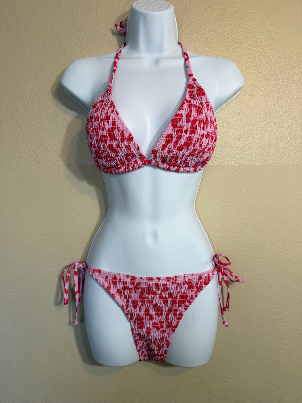 Red & Pink Smocked Triangle Bikini Top and Tie-Side Bottoms